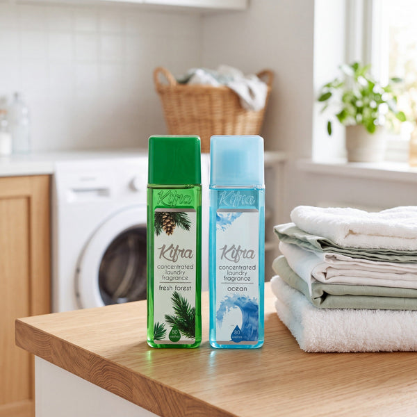 Kifra Fresh Forest and Ocean laundry perfume in a bright laundry room beside folded towels