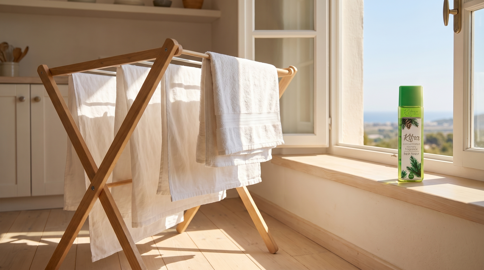Sun-warmed white linen drying on a wooden airer beside a bottle of Kifra Fresh Forest concentrated laundry perfume