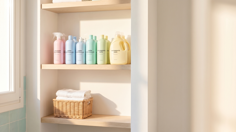 A shelf of pastel Spanish cleaning bottles in a Mediterranean utility room, bright morning sunlight