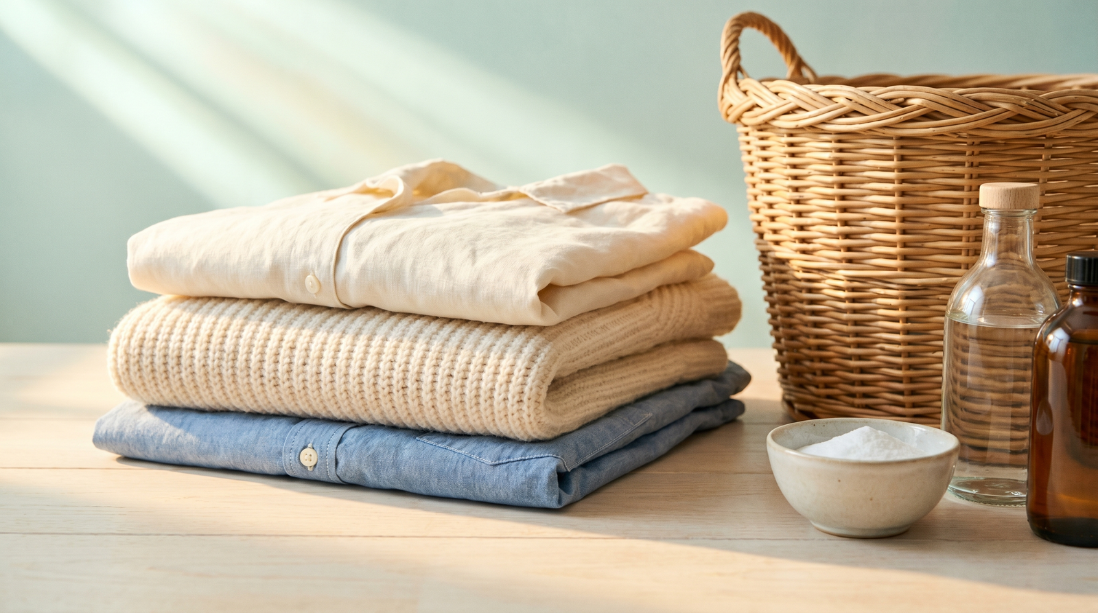A folded stack of pre-loved cream linen and cotton clothes beside a wicker basket, bicarbonate of soda and a bottle of laundry perfume in soft Mediterranean morning light
