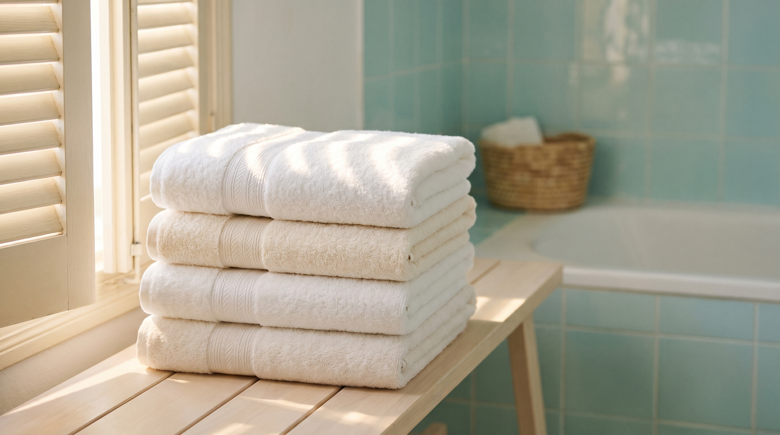 A stack of clean white and cream cotton towels on a pale wooden bench in a sunlit Spanish bathroom, soft golden Mediterranean morning light