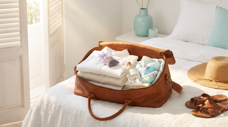 An open travel suitcase on a white bed, packed with folded linen shirts and a small lavender sachet and a 100ml travel bottle, soft Mediterranean morning light