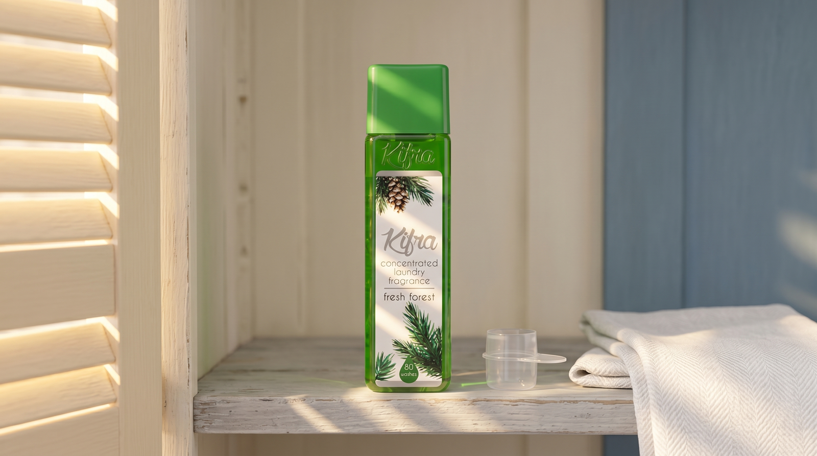 A Kifra Fresh Forest 200ml bottle on a pale wooden shelf in a Mediterranean utility cupboard, beside a small 2.5ml dosing cap and a folded white linen tea towel, soft golden morning light