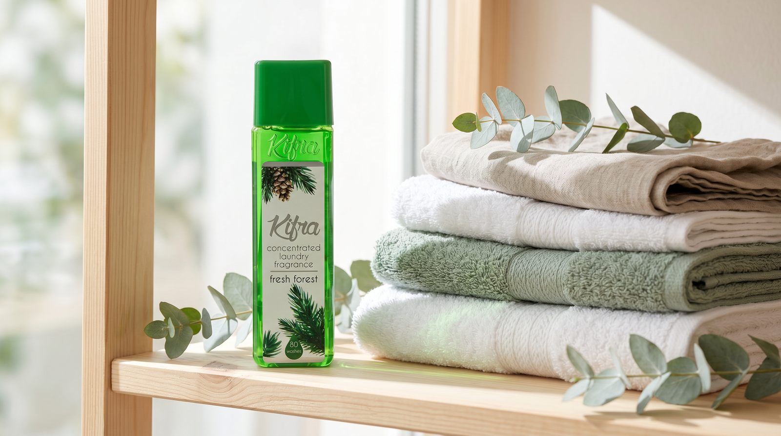 Kifra Fresh Forest concentrated laundry perfume bottle beside neatly folded fresh towels in bright Mediterranean light