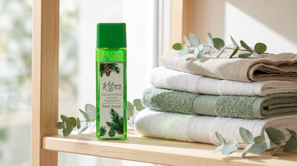 Kifra Fresh Forest concentrated laundry perfume bottle beside neatly folded fresh towels in bright Mediterranean light