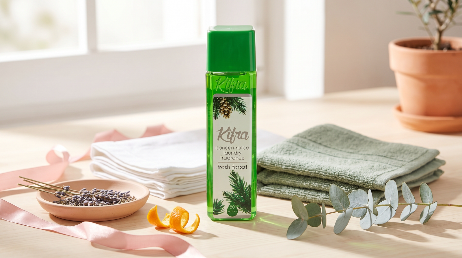 Kifra Fresh Forest concentrated laundry perfume bottle on a sunlit shelf surrounded by folded linen, lavender, citrus peel and eucalyptus
