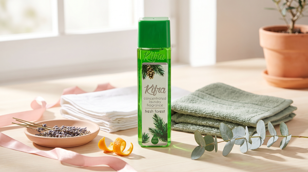 Kifra Fresh Forest concentrated laundry perfume bottle on a sunlit shelf surrounded by folded linen, lavender, citrus peel and eucalyptus