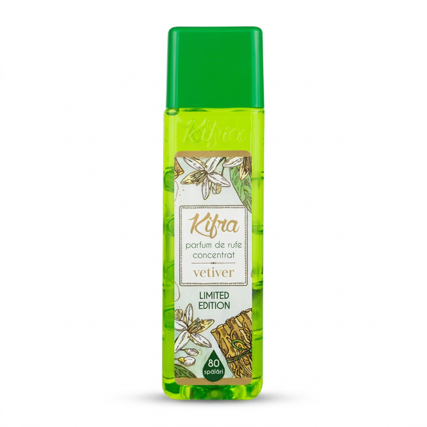 Kifra Vetiver 200ml concentrated laundry perfume bottle on a clean white background