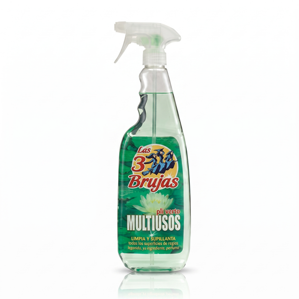 3 Witches Multi-Surface Spray 750ml — clear trigger bottle with green liquid and Las 3 Brujas label on a plain white background