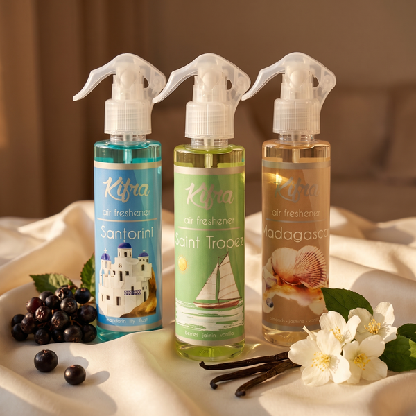 Kifra Room Spray Trio — Santorini, St Tropez and Madagascar on cream silk