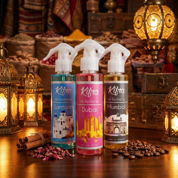 Kifra Room Spray Trio — Santorini, Dubai and Mumbai in warm lantern light