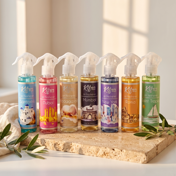Kifra Room Spray Complete Collection — all seven scents on travertine stone