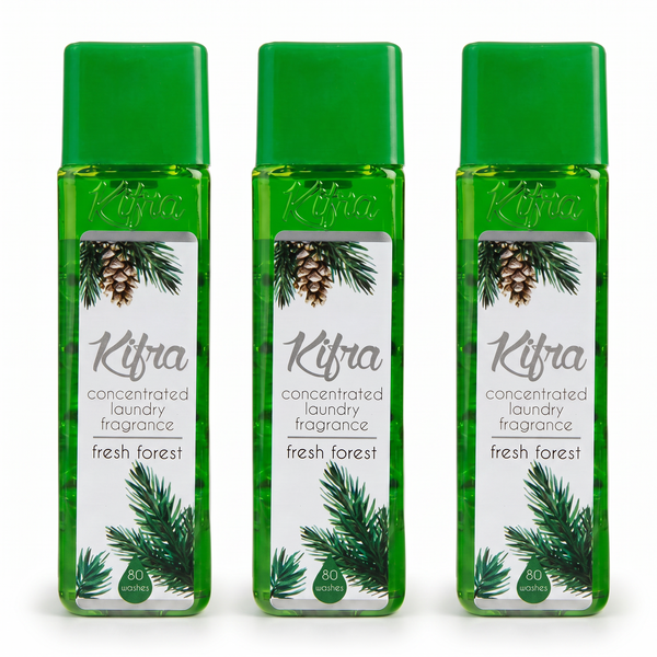 Three bottles of Kifra Fresh Forest concentrated laundry perfume, 200ml each, on a white background