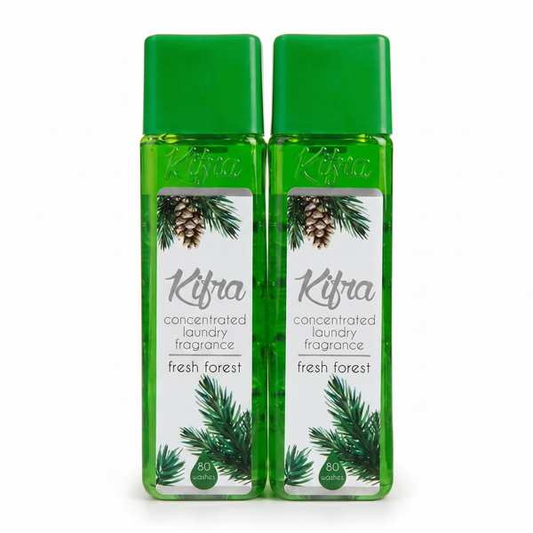 Two bottles of Kifra Fresh Forest laundry perfume grouped together on a white background