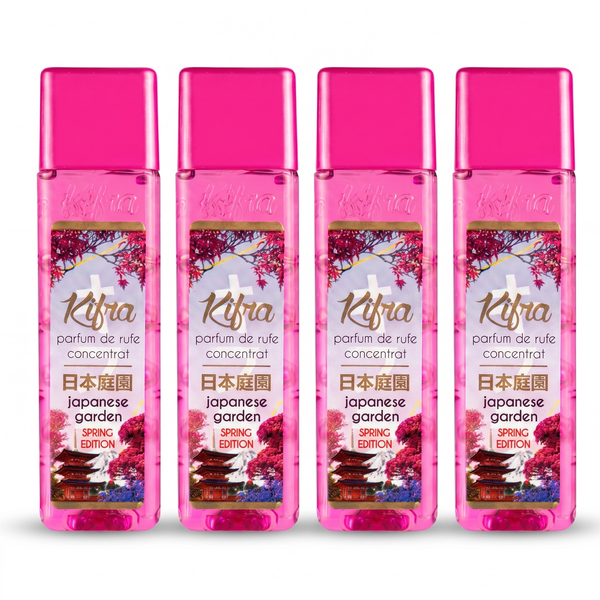 Four bottles of Kifra Japanese Garden concentrated laundry perfume, 200ml each, standing in a row on a white background