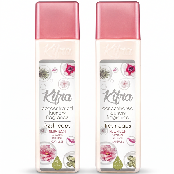 Two bottles of Kifra Fresh Caps concentrated laundry perfume, 200ml each, standing in a row on a white background