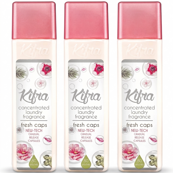 Three bottles of Kifra Fresh Caps concentrated laundry perfume, 200ml each, standing in a row on a white background